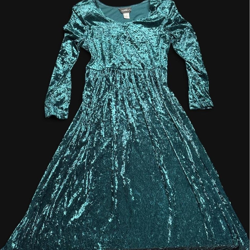 Vintage Molly Malloy Midi Dress 10 Green Crushed Velvet Whimsygoth Long Sleeve